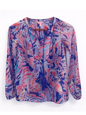 🌴 Lilly Pulitzer Saria Silk Tassel Long Sleeve Blouse – “Shrimply Chic” – XXS 🌴